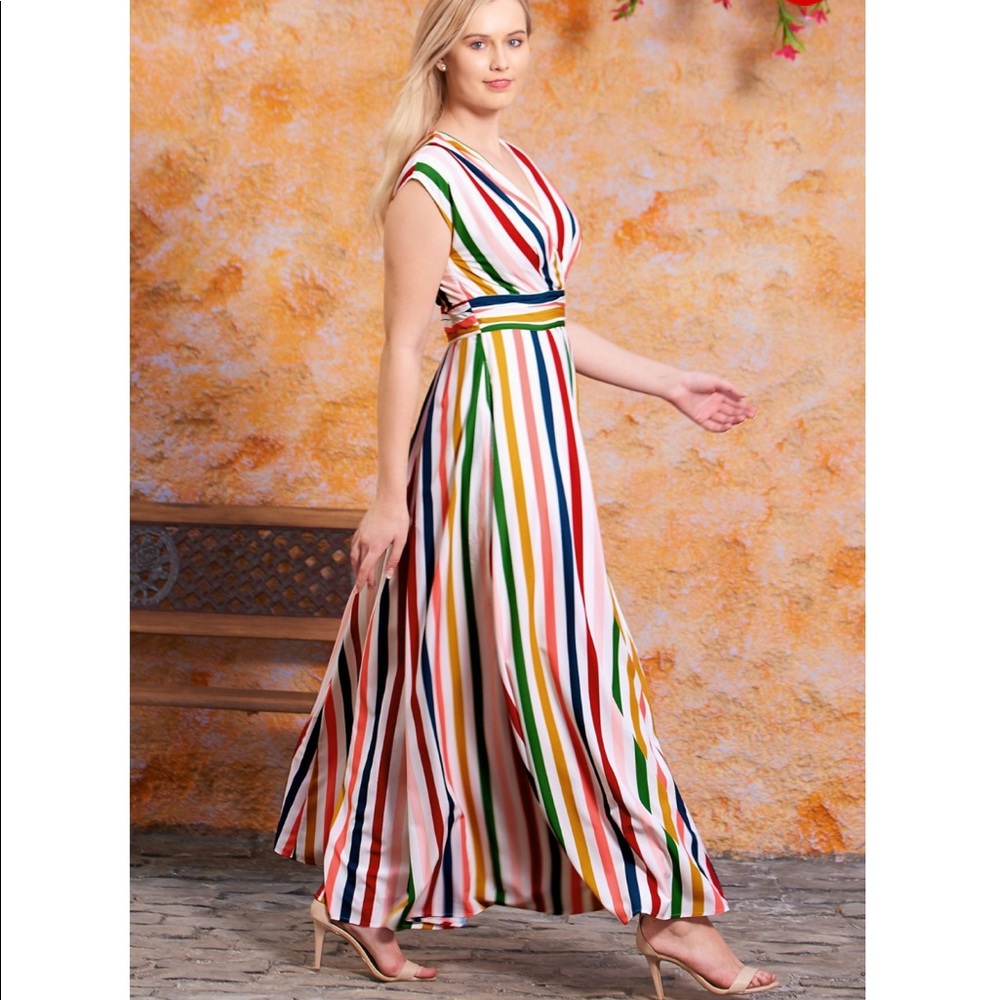 BOLD STRIPE CREPE SURPLICE MAXI DRESS Eshakti Lrg